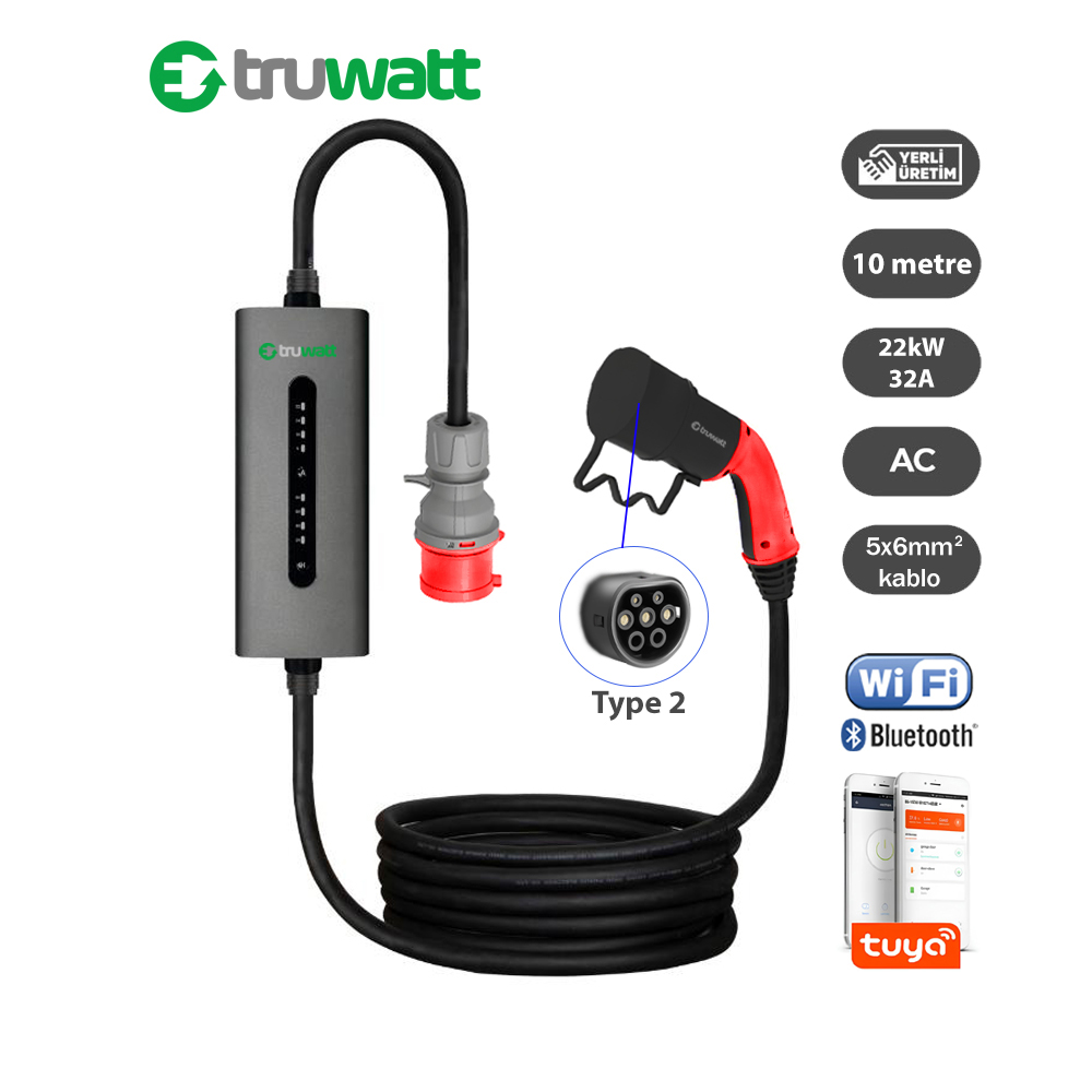 Truwatt ZTA510 Taşınabilir Elektrikli Araç Şarj Cihazı 32A/22kW/380V (10 metre)