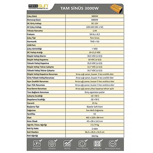 Mexxsun 12 Volt 3000 Watt Tam Sinüs İnverter