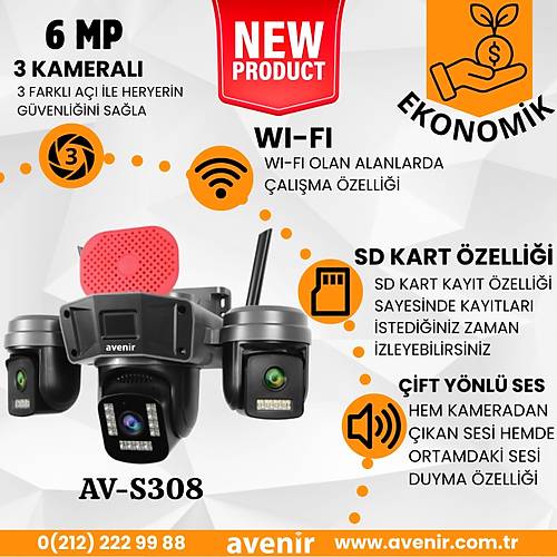 Avenir AV-S308 6 MP 3 Kameral� Wifi Sirenli Kamera