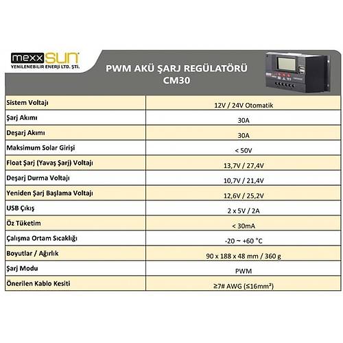 Mexxsun 30 Amper 12/24 Volt  PWM �arj Kontrol Cihaz�