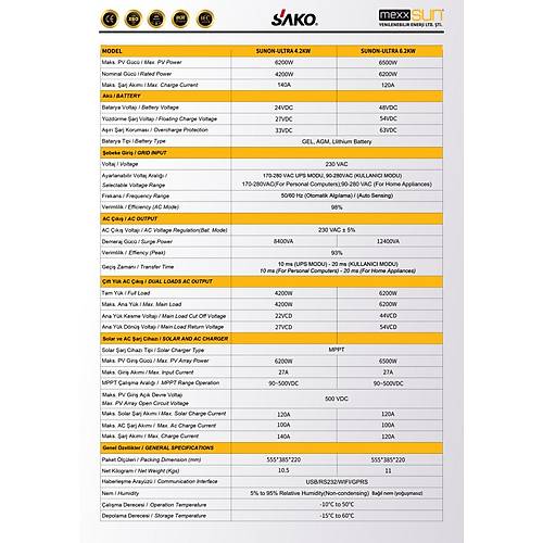 Sako Sunon Ultra 6.2 kW 6200 W Watt 48 V Volt Yksek Voltaj Mppt Akll Tam nverter 220 Volt evirici