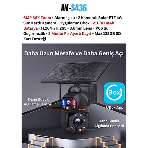 Avenir AV-S436 4G Solar G�ne� Enerjili 6MP 36X Optikal Zoom Siren ve Sesli Uyar� 50 Metre Gece G�r�� Mesafesi IP PTZ Kameras�