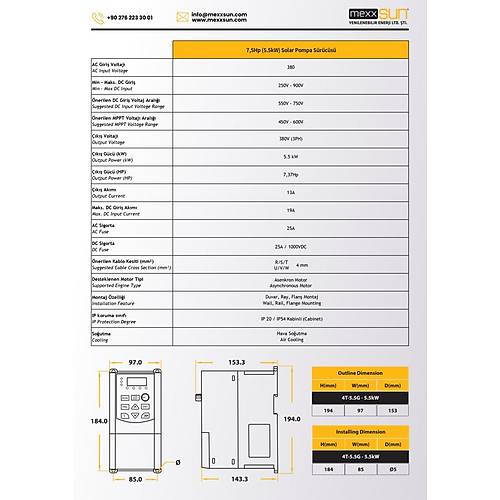 Mexxsun 7.5 HP 5.5 kW 5500 W Solar Pompa S�r�c� Trifaze MPPT Frekans �nverter 380 V