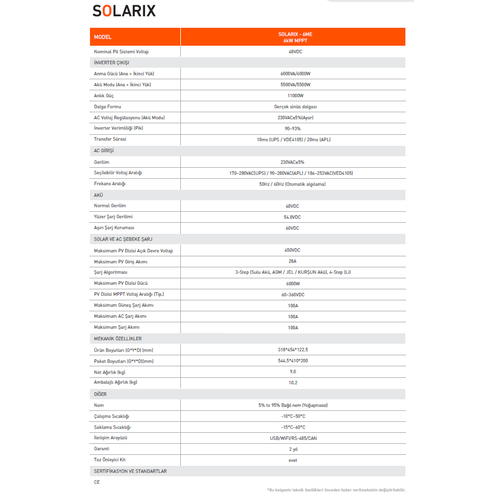Tun�matik Solarix 6 kW 6000 W Watt 48 V Volt 100 A Amper Y�ksek Voltaj Mppt Ak�ll� Solar �nverter �nvert�r