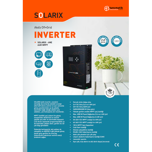 Tun�matik Solarix 6 kW 6000 W Watt 48 V Volt 100 A Amper Y�ksek Voltaj Mppt Ak�ll� Solar �nverter �nvert�r