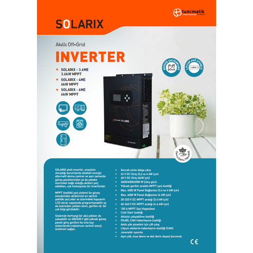 Tun�matik Solarix 4 kW 4000 W Watt 24 V Volt 100 A Amper Y�ksek Voltaj Mppt Ak�ll� Solar �nverter �nvert�r