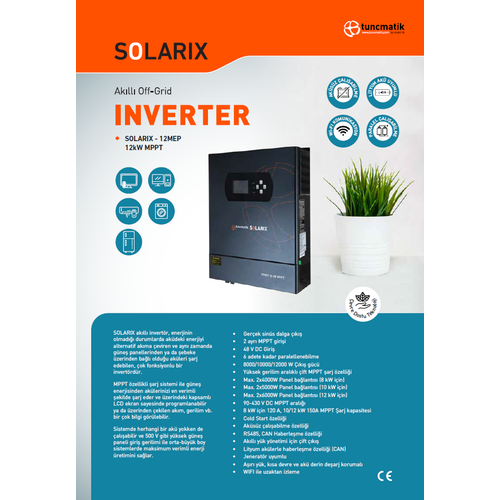 Tun�matik Solarix 12 kW 12000 W Watt 48 V Volt 150 A Amper Y�ksek Voltaj Mppt Ak�ll� Solar �nverter �nvert�r