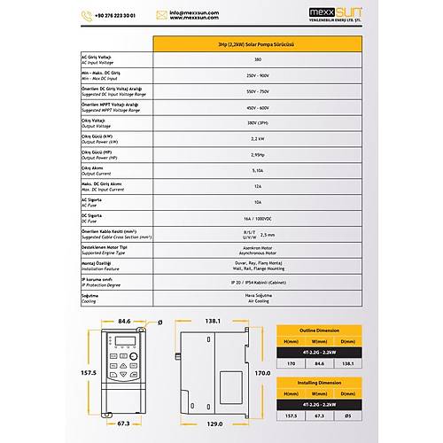 Mexxsun 3 HP 2.2 kW 2200 W Solar Pompa S�r�c� Trifaze MPPT Frekans �nverter 380 V