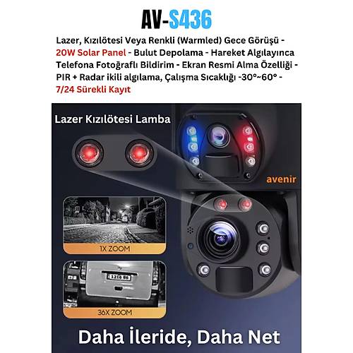 Avenir AV-S436 4G Solar G�ne� Enerjili 6MP 36X Optikal Zoom Siren ve Sesli Uyar� 50 Metre Gece G�r�� Mesafesi IP PTZ Kameras�