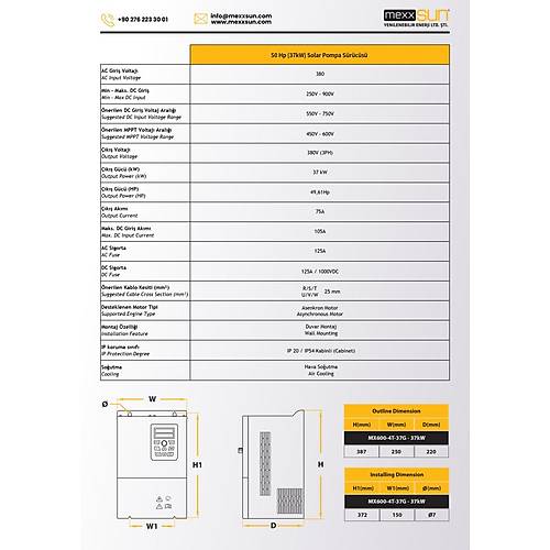 Mexxsun 50 HP 37 kW 37000 W Solar Pompa S�r�c� Trifaze MPPT Frekans �nverter 380 V
