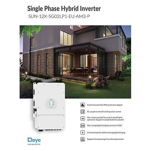 DEYE 12 kW 12000 W Watt Hibrit Hybrid Monofaz LV Voltaj �nverter �nvert�r