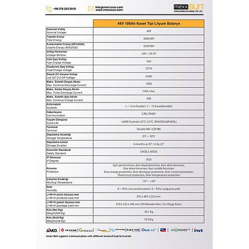 Mexxsun 48 V Volt 100 A Amper Lityum LifePo4 Batarya 4.8 kWh