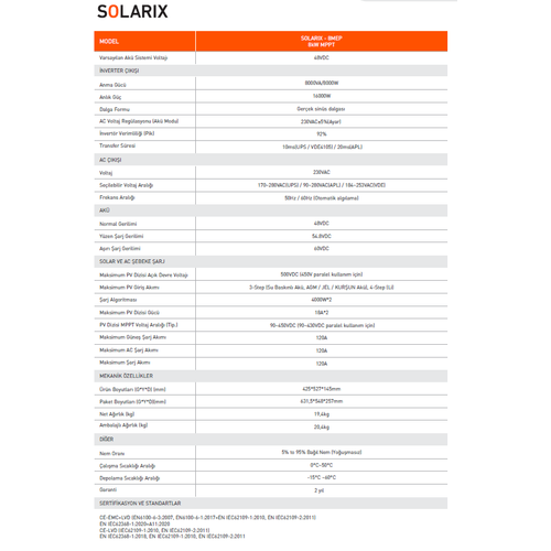 Tun�matik Solarix 8 kW 8000 W Watt 48 V Volt 120 A Amper Y�ksek Voltaj Mppt Ak�ll� Solar �nverter �nvert�r