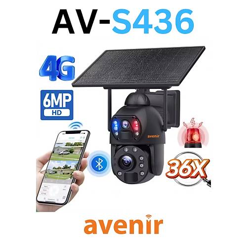 Avenir AV-S436 4G Solar Gne Enerjili 6MP 36X Optikal Zoom Siren ve Sesli Uyar 50 Metre Gece Gr Mesafesi IP PTZ Kameras
