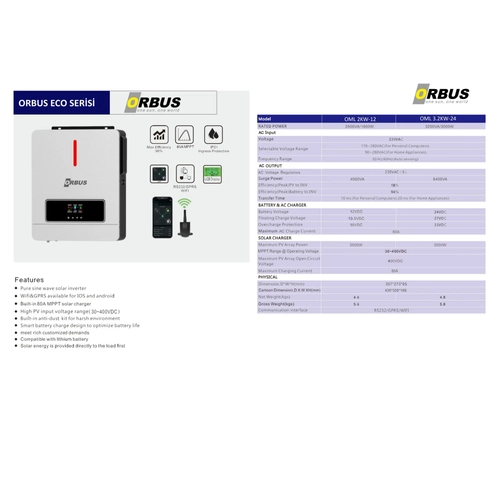 Orbus 24 V Volt 3000 W Watt 3 kW MPPT Tam Sins Akll nverter 220 Volt evirici nvertr