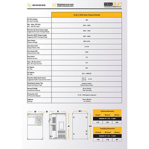 Mexxsun 10 HP 7.5 kW 5500 W Solar Pompa S�r�c� Trifaze MPPT Frekans �nverter 380 V