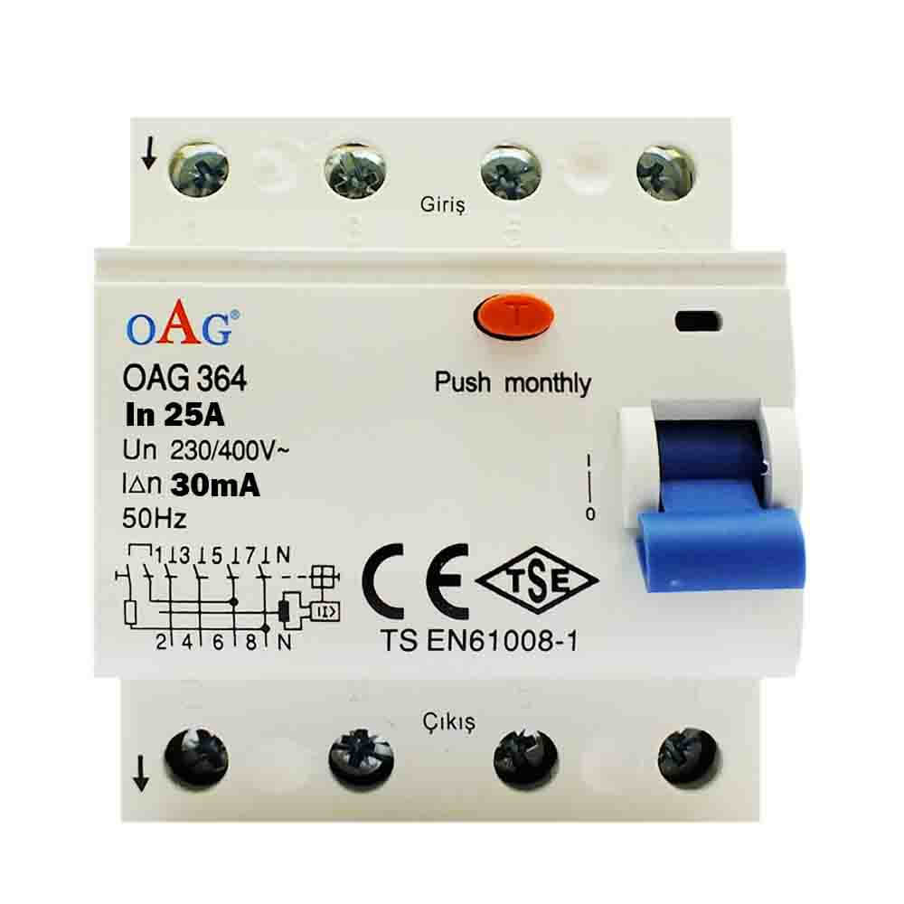 Oag 4 x 25A 30MA 4 Kutuplu Kaçak Akım Rölesi