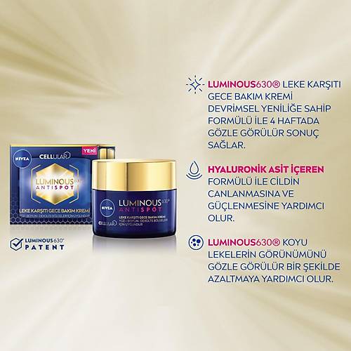 Nivea Luminous630 Leke Kart Gece Yz Bakm Kremi 50ml,Hyaluronik Asit, Tm Cilt Tipleri