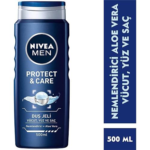 NIVEA Men Protect&Care Du Jeli 500ml, 3' 1 Arada Komple Bakm, Vcut, Sa ve Yz iin,Aloe Vera il