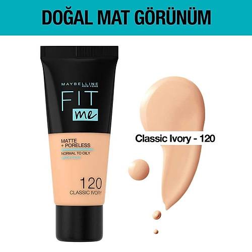 Maybelline New York Fit Me Matte+Poreless Fondten, 120 Classic Ivory, 30 ml