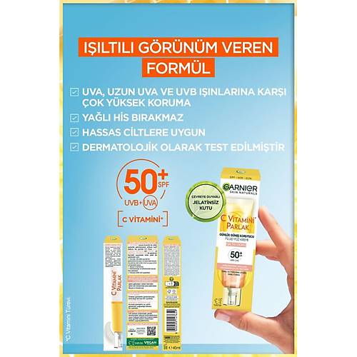 Garnier C Vitamini Parlak Gnlk Gne Koruyucu Fluid Yz Kremi Iltl Doku SPF50+ 40ML