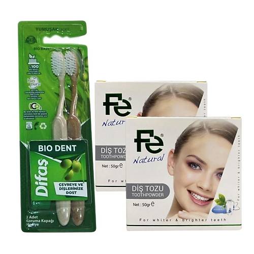 Fe Beyazlatc Di Tozu Natural / Herbal X 2 Adet +Difa Bio Dent Bio Bazl 2'li Di Fras Yumuak