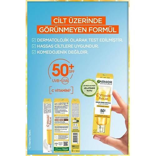 Garnier C Vitamini Parlak Gnlk Gne Koruyucu Fluid Yz Kremi Grnmez Doku SPF50+ 40ML