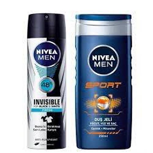 Nivea Men Black & White Invisible Fresh Erkek Deodorant Sprey 150 ml + Sport Du Jeli 250 ml