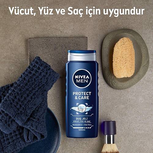 NIVEA Men Protect&Care Du Jeli 500ml, 3' 1 Arada Komple Bakm, Vcut, Sa ve Yz iin,Aloe Vera il