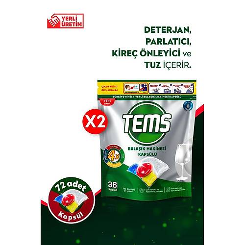 TEMS 4 Etkili Bulak Makinesi Kapsl Deterjan 72'li ( 2x 36'l Paket)