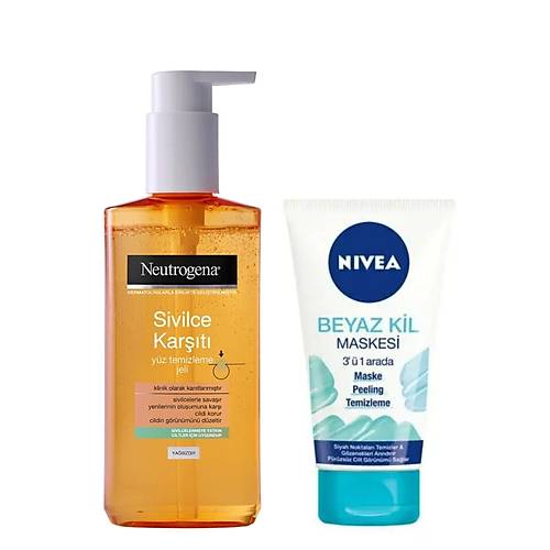 Neutrogena Sivilce Kart Yz Temizleme Jeli 200 Ml  Nivea Beyaz Kil Maskesi 3'1 Arada Maske150 Ml