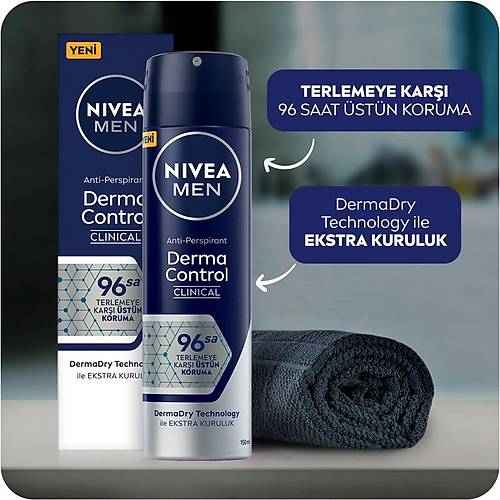 NIVEA Men Derma Control Clinical Erkek Sprey Deodorant 150ml,96 Saat stn Koruma,DermaDry Technolog