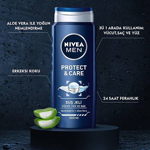 NIVEA Men Protect&Care Du Jeli 500ml, 3' 1 Arada Komple Bakm, Vcut, Sa ve Yz iin,Aloe Vera il