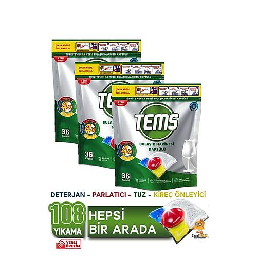 TEMS Bulak Makinesi Kapsl Deterjan 36'l x 3 Paket (108 Ykama)