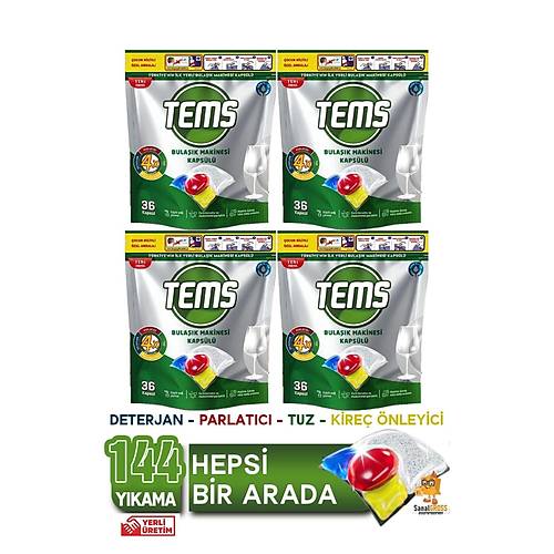 TEMS Bulak Makinesi Kapsl Deterjan 36'l x 4 Paket (144 Ykama)