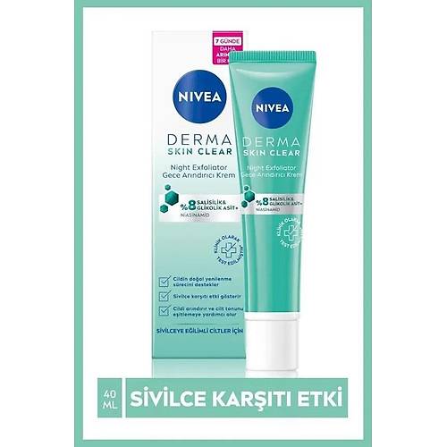 Nivea Derma Skin Clear Night Exfoliator Gece Arndrc Krem 40ml, %8 Glikolik Asit (AHA) ve Salisil