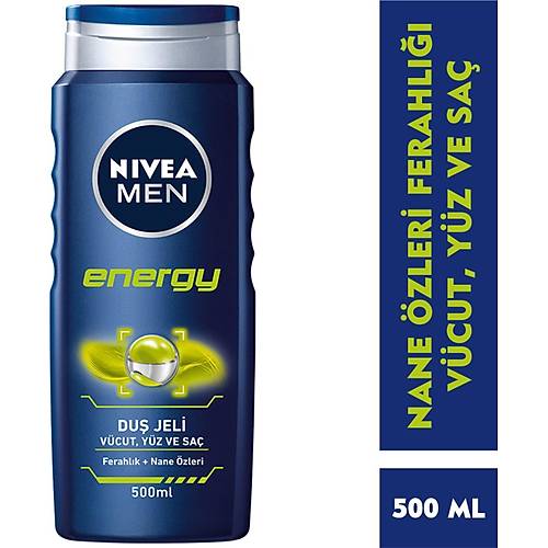 NIVEA Men Energy Du Jeli 500ml, 3' 1 Arada Komple Bakm, Vcut, Sa ve Yz iin