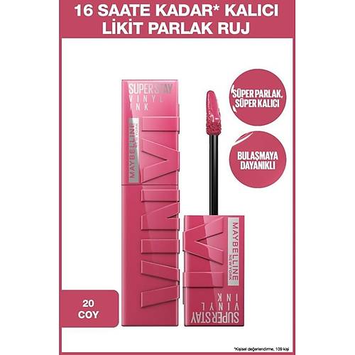 Maybelline New York Super Stay Vinyl Ink Uzun Sre Kalc Likit Parlak Ruj 20 Coy