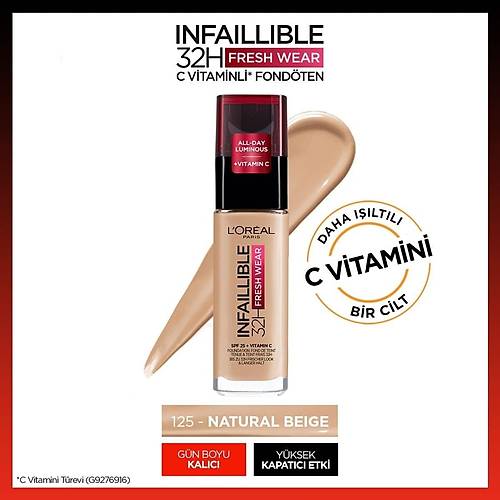 L'Oral Paris Infaillible 32H Fresh Wear C Vitaminli Fondten - 125 Natural Beige