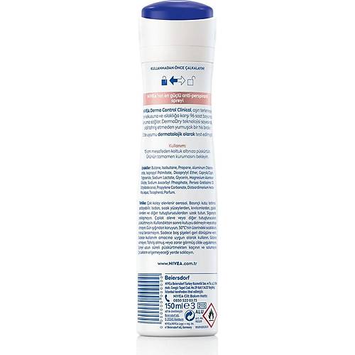 NIVEA Derma Control Clinical Kadn Sprey Deodorant 150ml,96 Saat stn Koruma,DermaDry Technology il