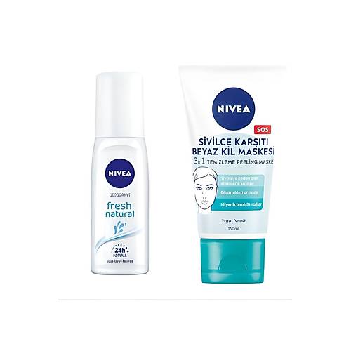 Nivea Kadn Pump Sprey Deodorant + Sivilce Kart 3' 1 Arada Beyaz Kil Maskesi 150 ml