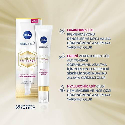 Nivea LUMINOUS630 Koyu Halka Gz Bakm Kremi, 15 Ml, Aydnlk Gz evresi, Hyaluronik Asit ile Youn