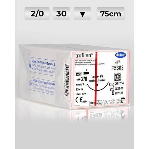 F5303 DOSAN Trofilen 2/0 30 3/8 Keskin (?) 75cm PVDF Emilemeyen Str 12 Ad./Pkt  Cerrahi Malzeme