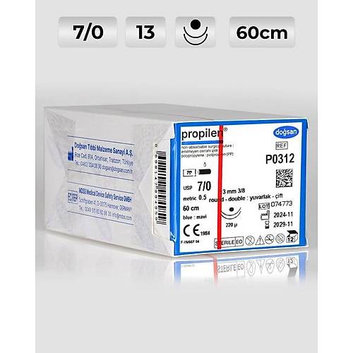 P0312 DOSAN Propilen 7/0 13 3/8 Yuvarlak (?), ift 60cm Polipropilen Emilemeyen Str 12 Ad./Pkt  Cerrahi Malzeme