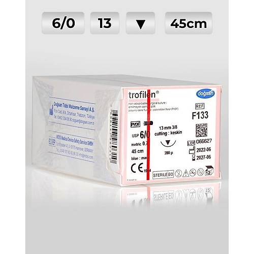 F133 DOSAN Trofilen 6/0 13 3/8 Keskin (?) 45cm PVDF Emilemeyen Str 12 Ad./Pkt  Cerrahi Malzeme