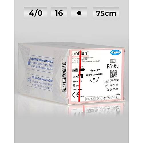 F3160 DOSAN Trofilen 4/0 16 1/2 Yuvarlak (?) 75cm PVDF Emilemeyen Str 12 Ad./Pkt  Cerrahi Malzeme