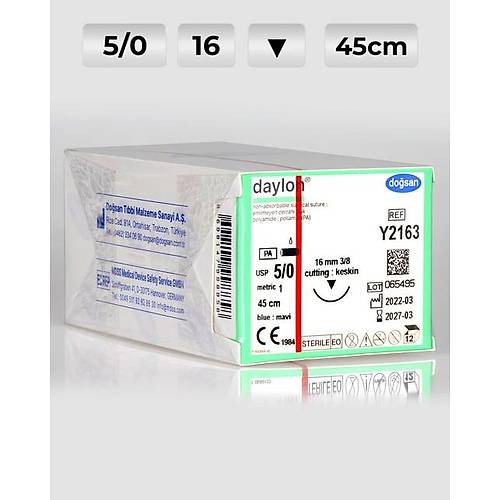 Y2163 DOSAN Daylon 5/0 16 3/8 Keskin (?) 45cm Polyamid Emilemeyen Str 12 Ad./Pkt  Cerrahi Malzeme