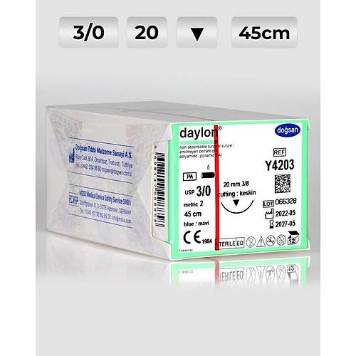 Y4203 DOSAN Daylon 3/0 20 3/8 Keskin (?) 45cm Polyamid Emilemeyen Str 12 Ad./Pkt  Cerrahi Malzeme