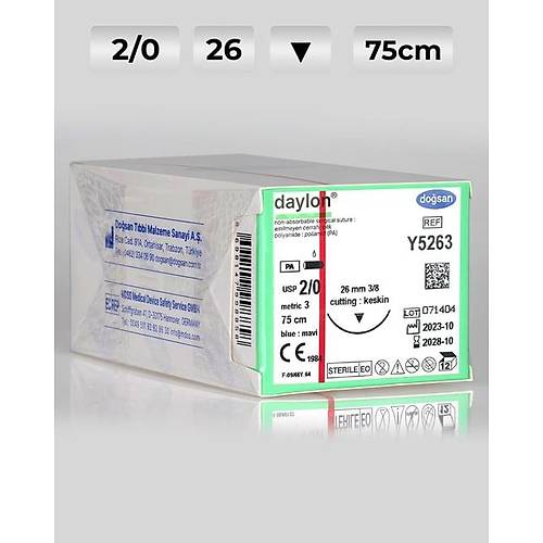 Y5263 DOSAN Daylon 2/0 26 3/8 Keskin (?) 75cm Polyamid Emilemeyen Str 12 Ad./Pkt  Cerrahi Malzeme