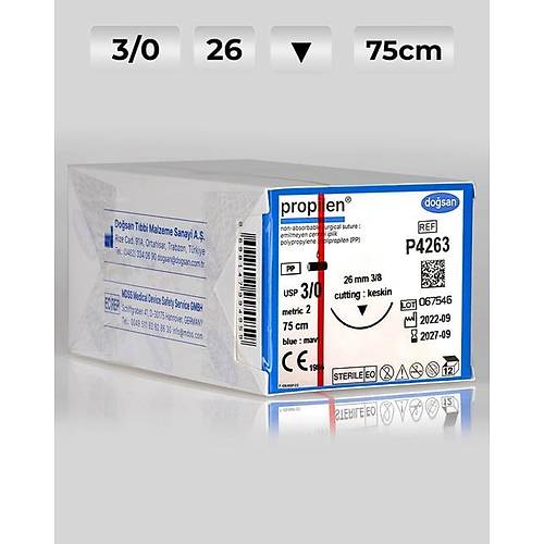 P4263 DOSAN Propilen 3/0 26 3/8 Keskin (?) 75cm Polipropilen Emilemeyen Str 12 Ad./Pkt  Cerrahi Malzeme
